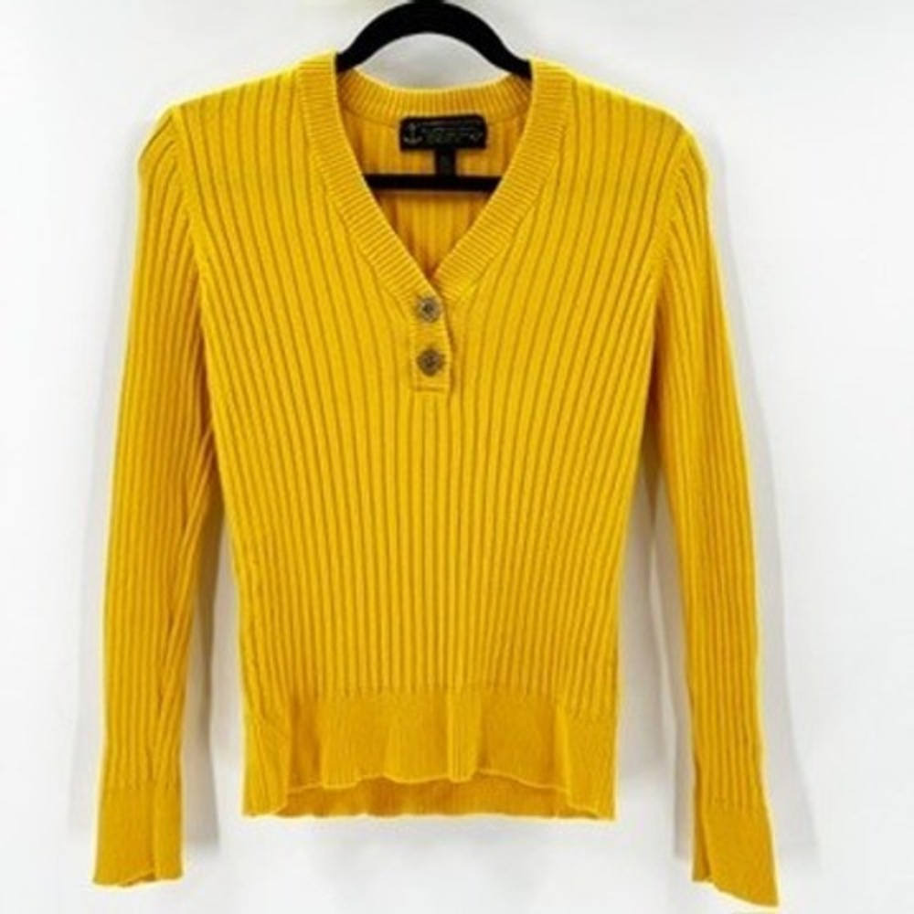 Lauren Jeans Company Ralph Lauren‎ Yellow Ribbed V Neck Button Sweater P/S